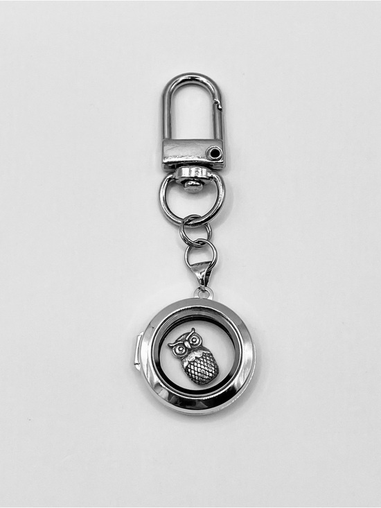 On Trend Beauties Accessories - Stainless Steel and Glass Floating Locket, Sterling Silver Owl Inside, Bag Charm